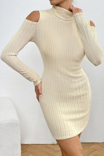 Ribbed Turtleneck Cold Shoulder Long Sleeve Mini Dress - Body By J'ne