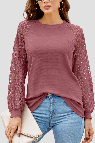 Full Size Eyelet Round Neck Long Sleeve T-Shirt - Body By J'ne