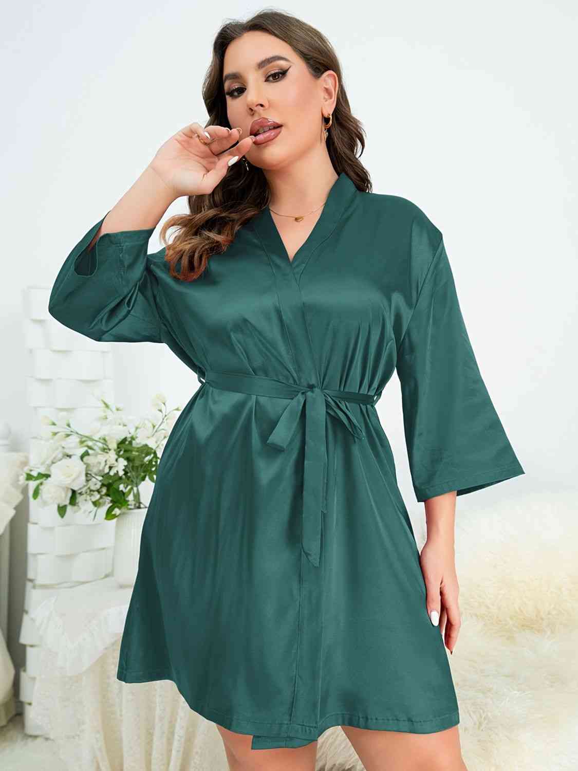 Plus Size Surplice Neck Tie Waist Robe - Body By J'ne