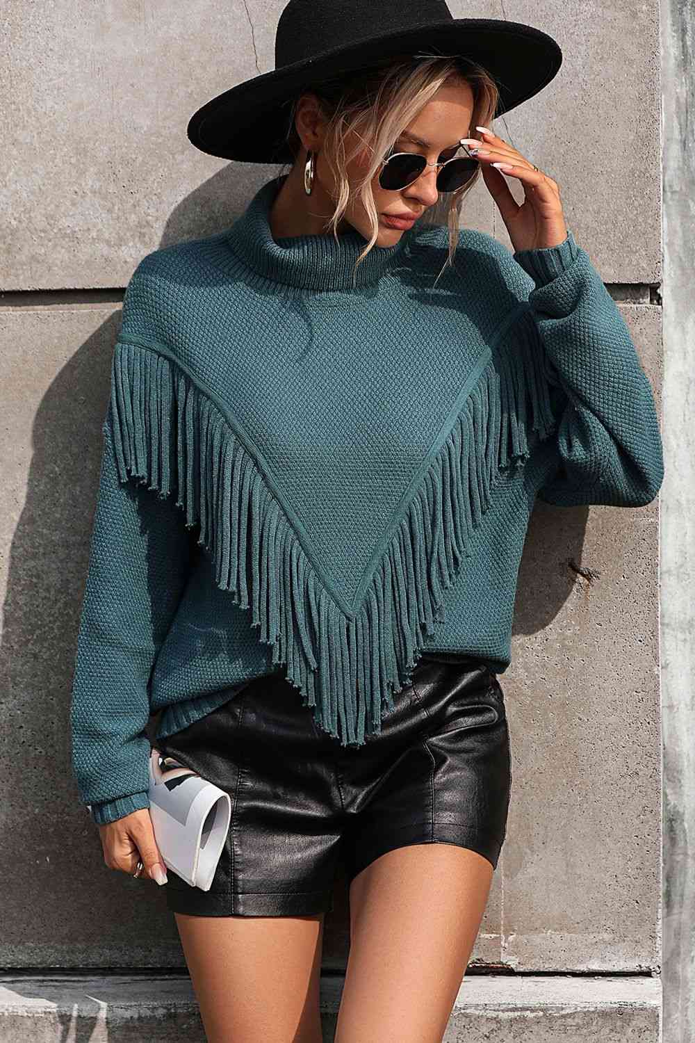 Turtle Neck Tassel Front Long Sleeve Pullover Sweater - Body By J'ne