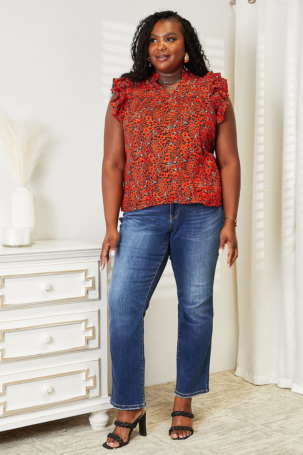 Floral Flutter Sleeve Notched Neck Blouse - Body By J'ne