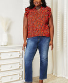 Floral Flutter Sleeve Notched Neck Blouse - Body By J'ne