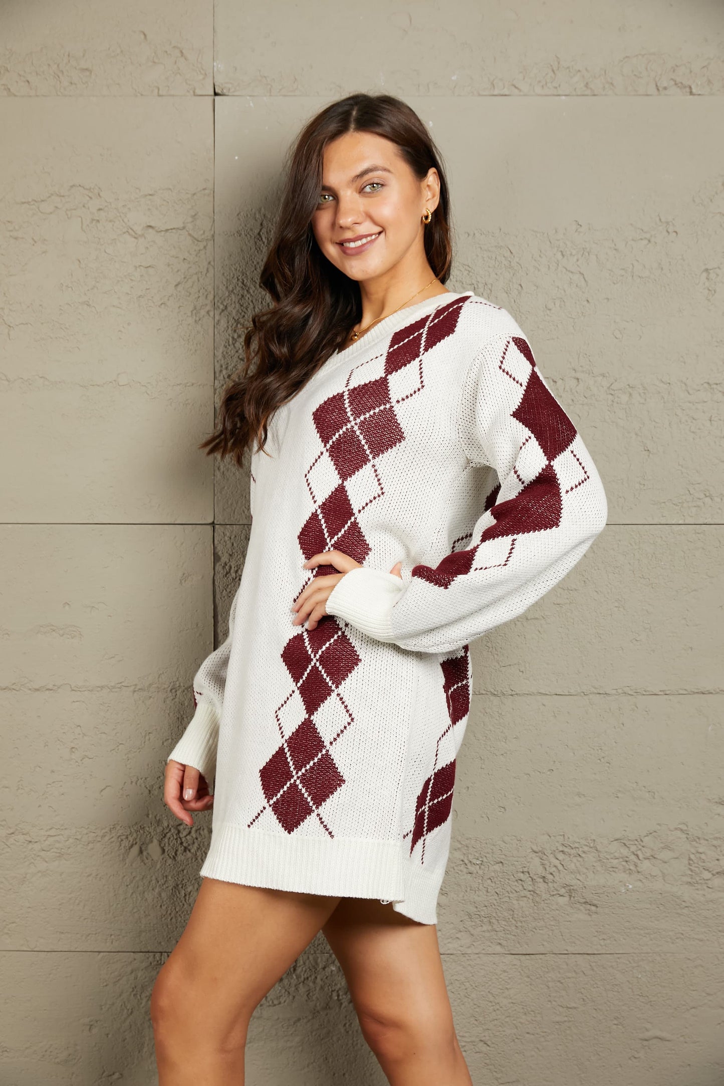 Woven Right Argyle V-Neck Ribbed Trim Sweater Dress - Body By J'ne