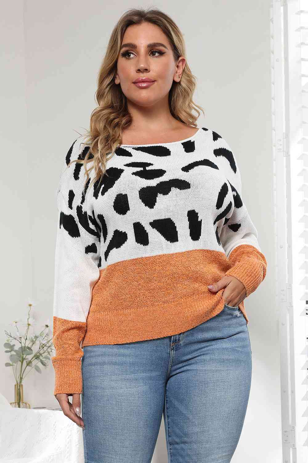 Plus Size Leopard Round Neck Long Sleeve Sweater - Body By J'ne