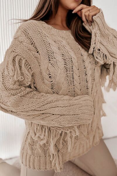 Cable-Knit Fringe Round Neck Sweater - Body By J'ne