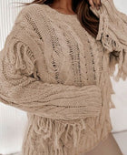 Cable-Knit Fringe Round Neck Sweater - Body By J'ne