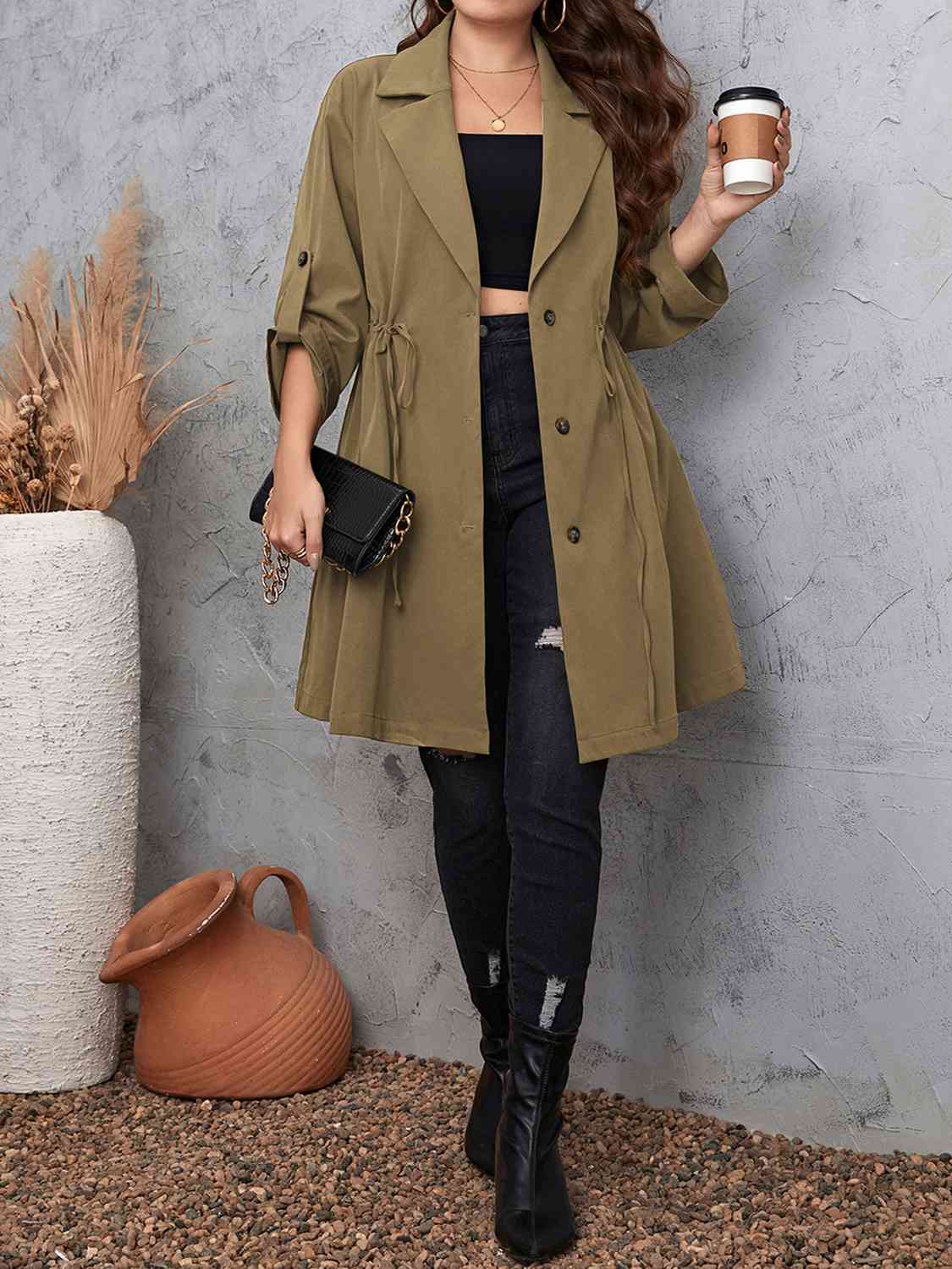 Plus Size Lapel Collar Drawstring Roll-Tab Sleeve Trench Coat - Body By J'ne