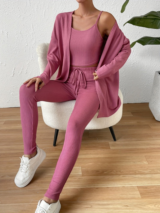 Cami, Open Front Cardigan, and Pants Set - Body By J'ne