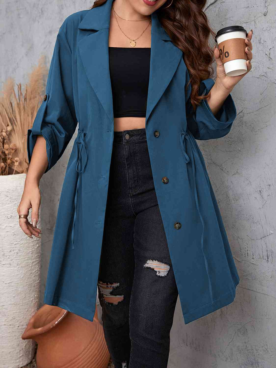 Plus Size Lapel Collar Drawstring Roll-Tab Sleeve Trench Coat - Body By J'ne