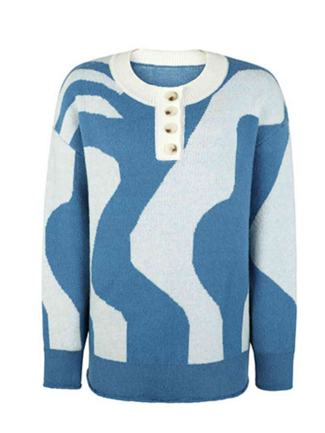 Buttoned Round Neck Drop Shoulder Sweater - Body By J'ne