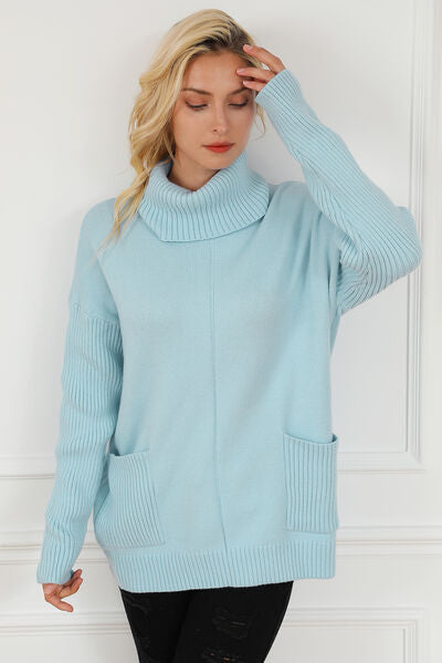 Pocketed Turtleneck Dropped Shoulder Sweater - Body By J'ne