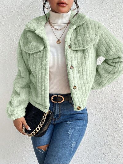 Fuzzy Button Up Collared Neck Jacket - Body By J'ne