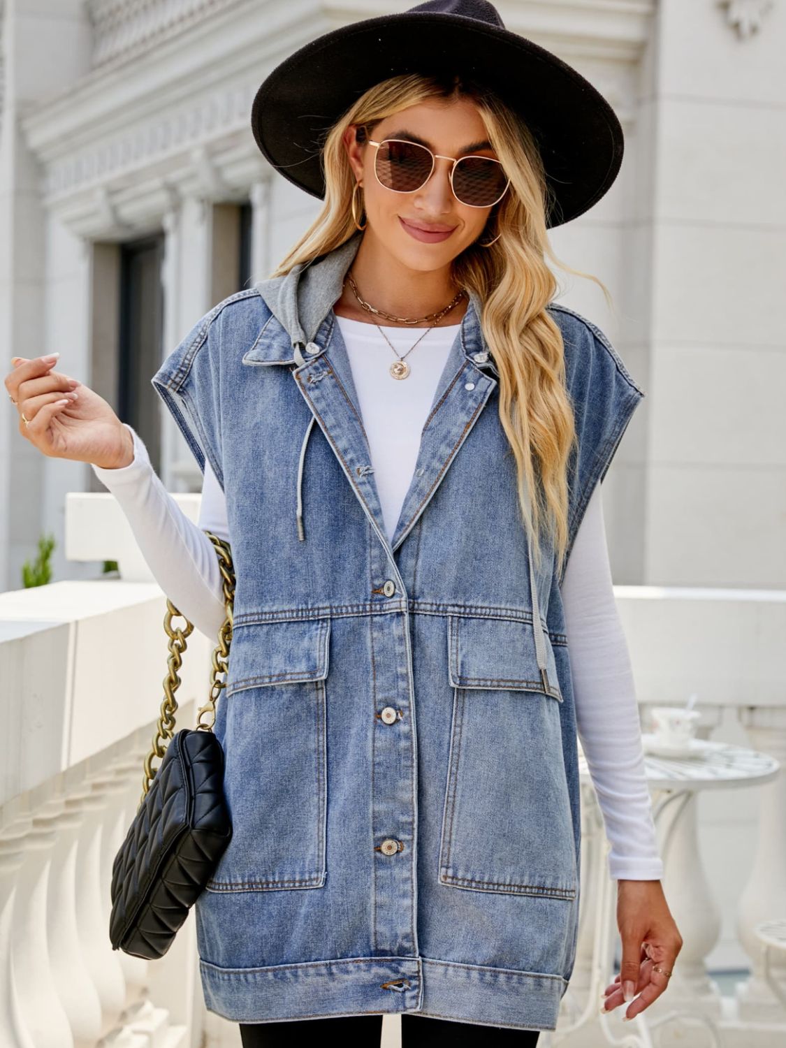 Hooded Sleeveless Denim Top with Pockets - Body By J'ne