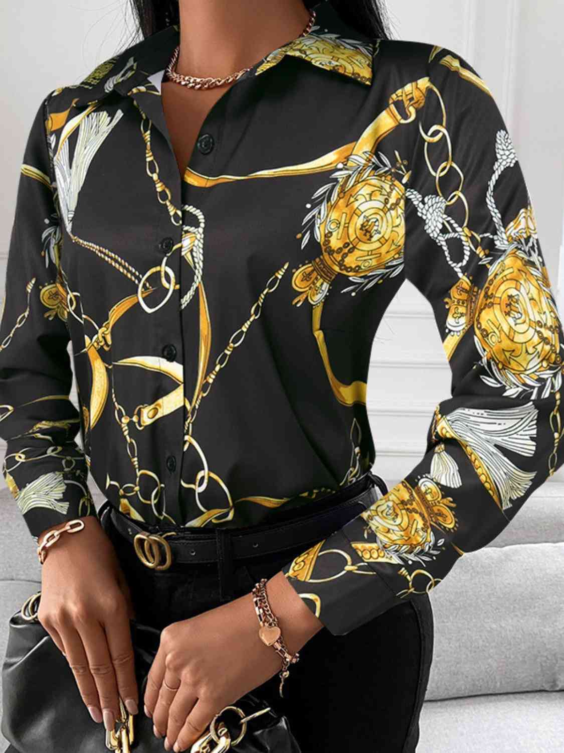 Printed Collared Neck Long Sleeve Shirt - Body By J'ne