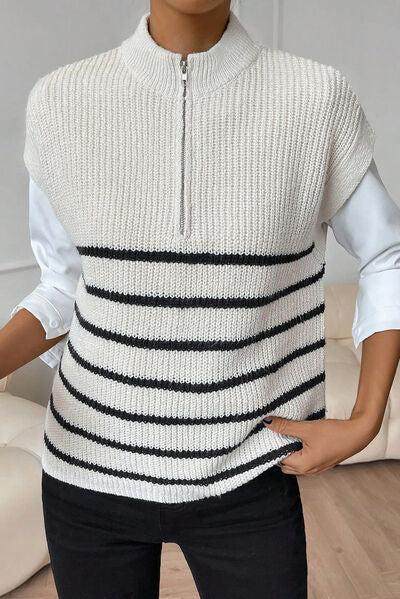 Striped Mock Neck Half Zip Sweater Vest - Body By J'ne