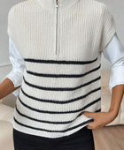 Striped Mock Neck Half Zip Sweater Vest - Body By J'ne