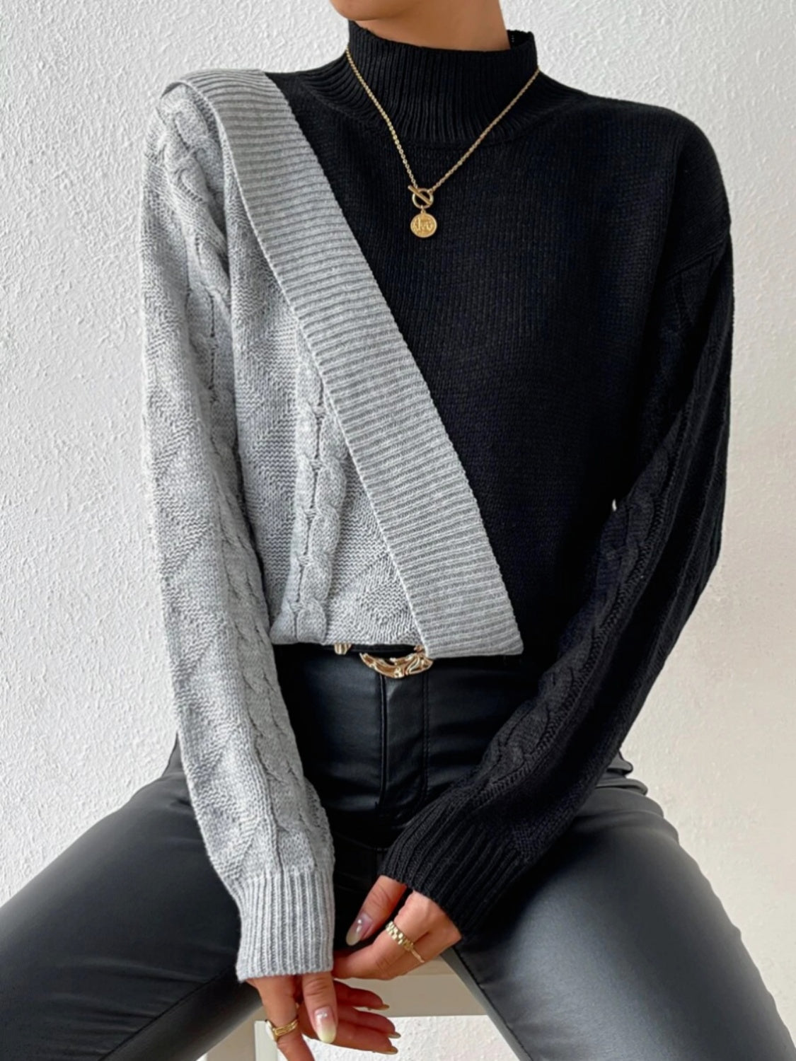 Contrast Mock Neck Cable-Knit Sweater - Body By J'ne