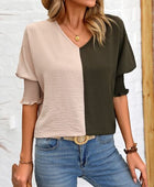 Contrast V-Neck Lantern Sleeve Blouse - Body By J'ne