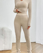 Ribbed V-Neck Long Sleeve Cropped Top and Pants Set - Body By J'ne