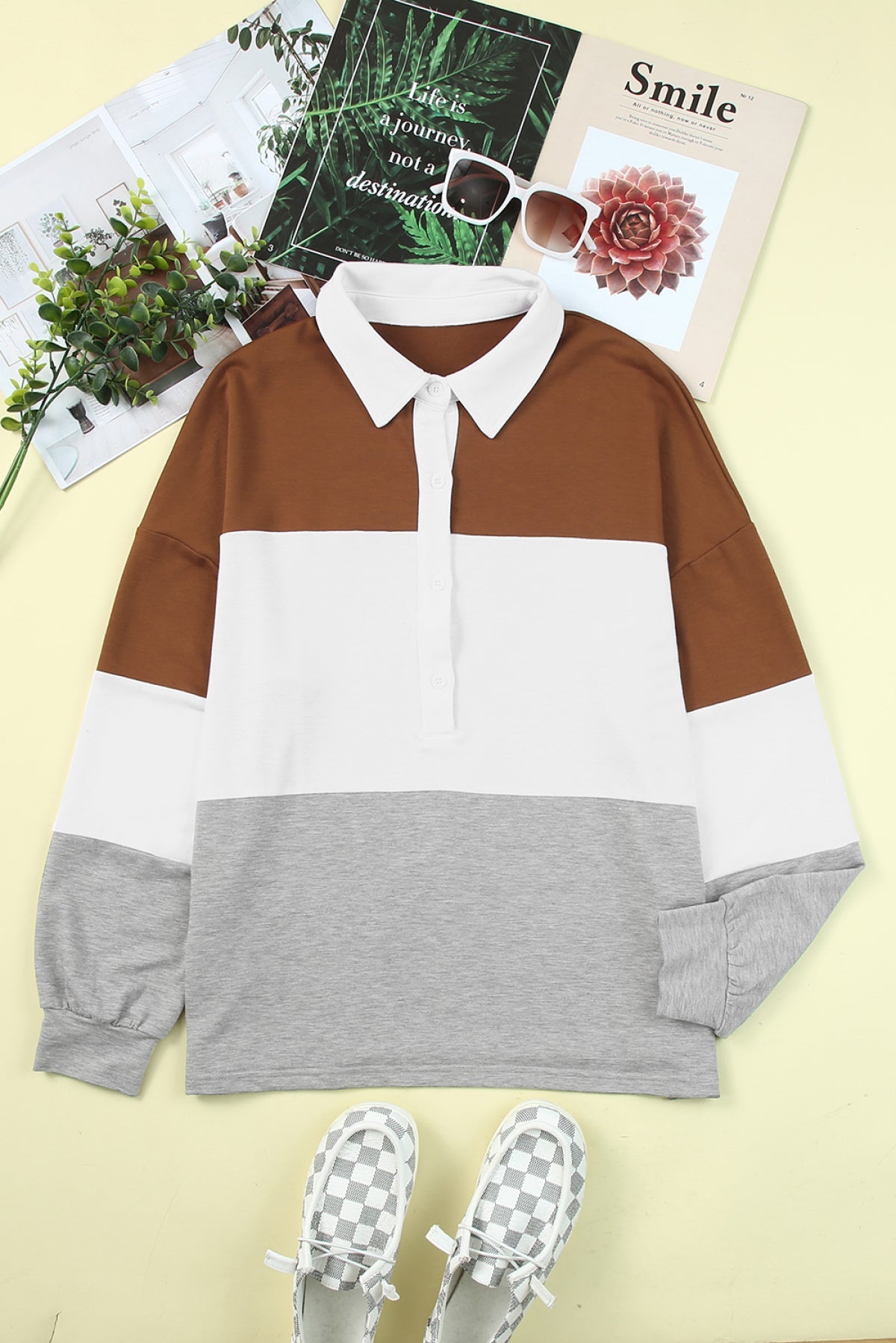 Brown Turn-Down Collar Colorblock Pullover Sweatshirt - Body By J'ne