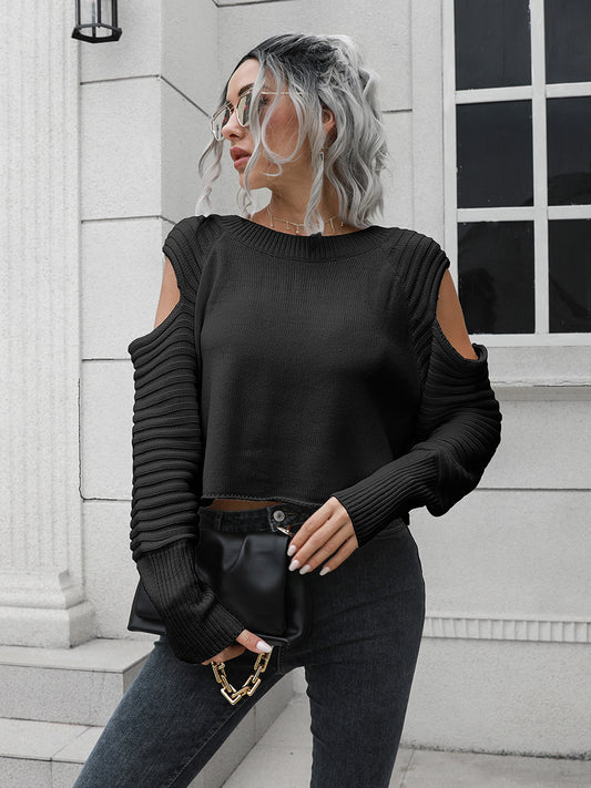 Cold-Shoulder Ribbed Trim Sweater - Body By J'ne