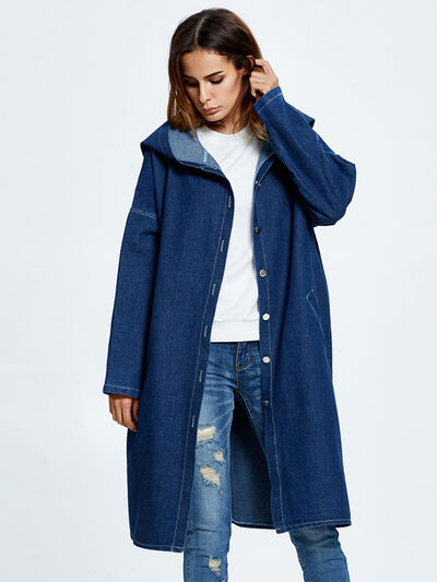 Button Up Dropped Shoulder Hooded Denim Top - Body By J'ne