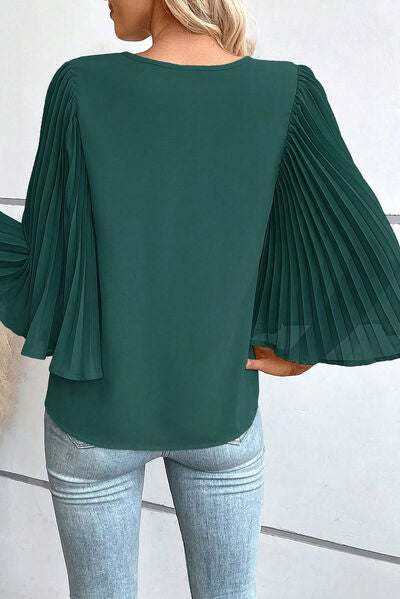 Pleated Flutter Sleeve V-Neck Blouse - Body By J'ne