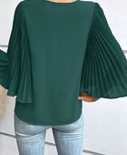 Pleated Flutter Sleeve V-Neck Blouse - Body By J'ne