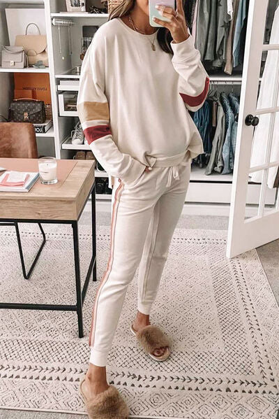 Striped Round Neck Sweatshirt and Drawstring Joggers Set - Body By J'ne