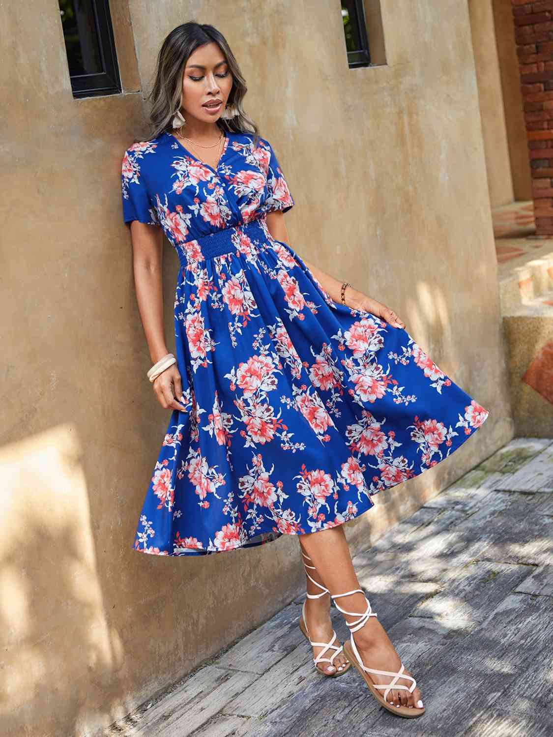 Elastic Waist V Neck Floral Print Midi Dress - Body By J'ne