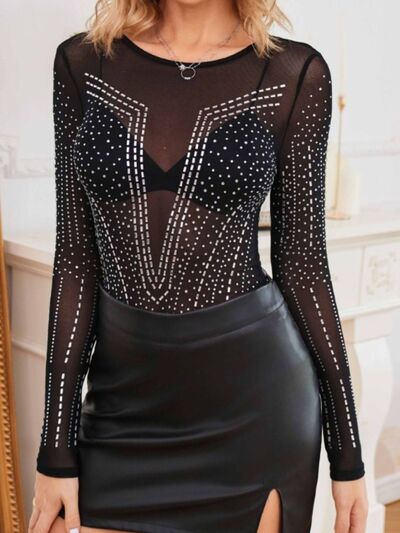 Rhinestone Mesh See-Through Long Sleeve Bodysuit - Body By J'ne