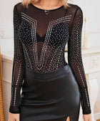 Rhinestone Mesh See-Through Long Sleeve Bodysuit - Body By J'ne