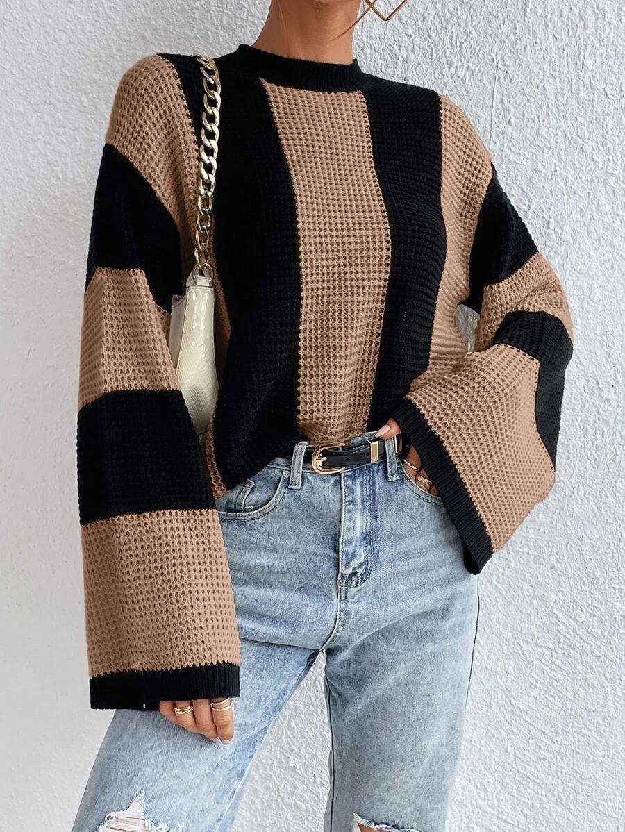 Crew Neck Waffle Drop Shoulder Knit Sweater - Body By J'ne