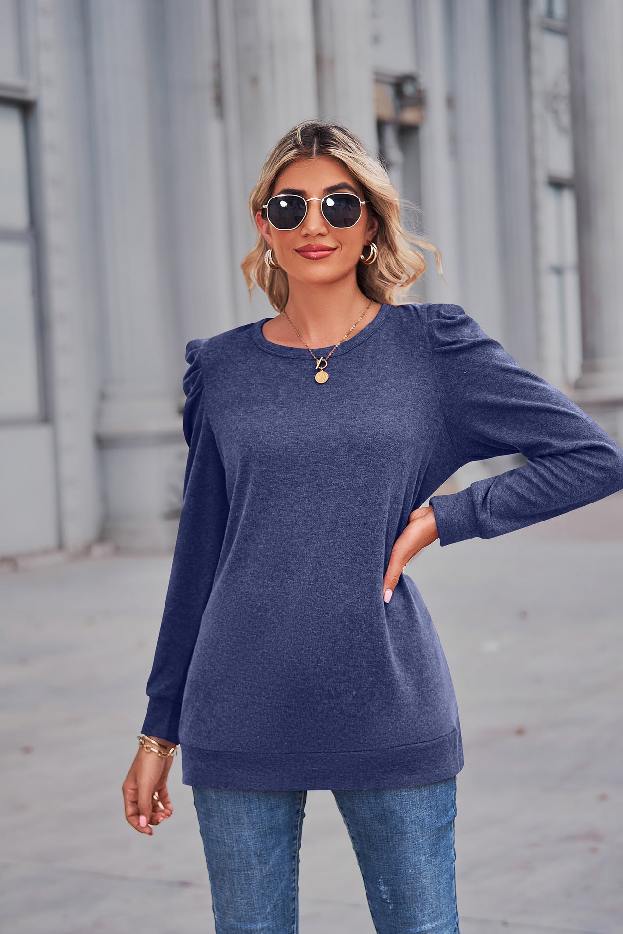 Heathered Puff Sleeve Round Neck Tunic Top - Body By J'ne