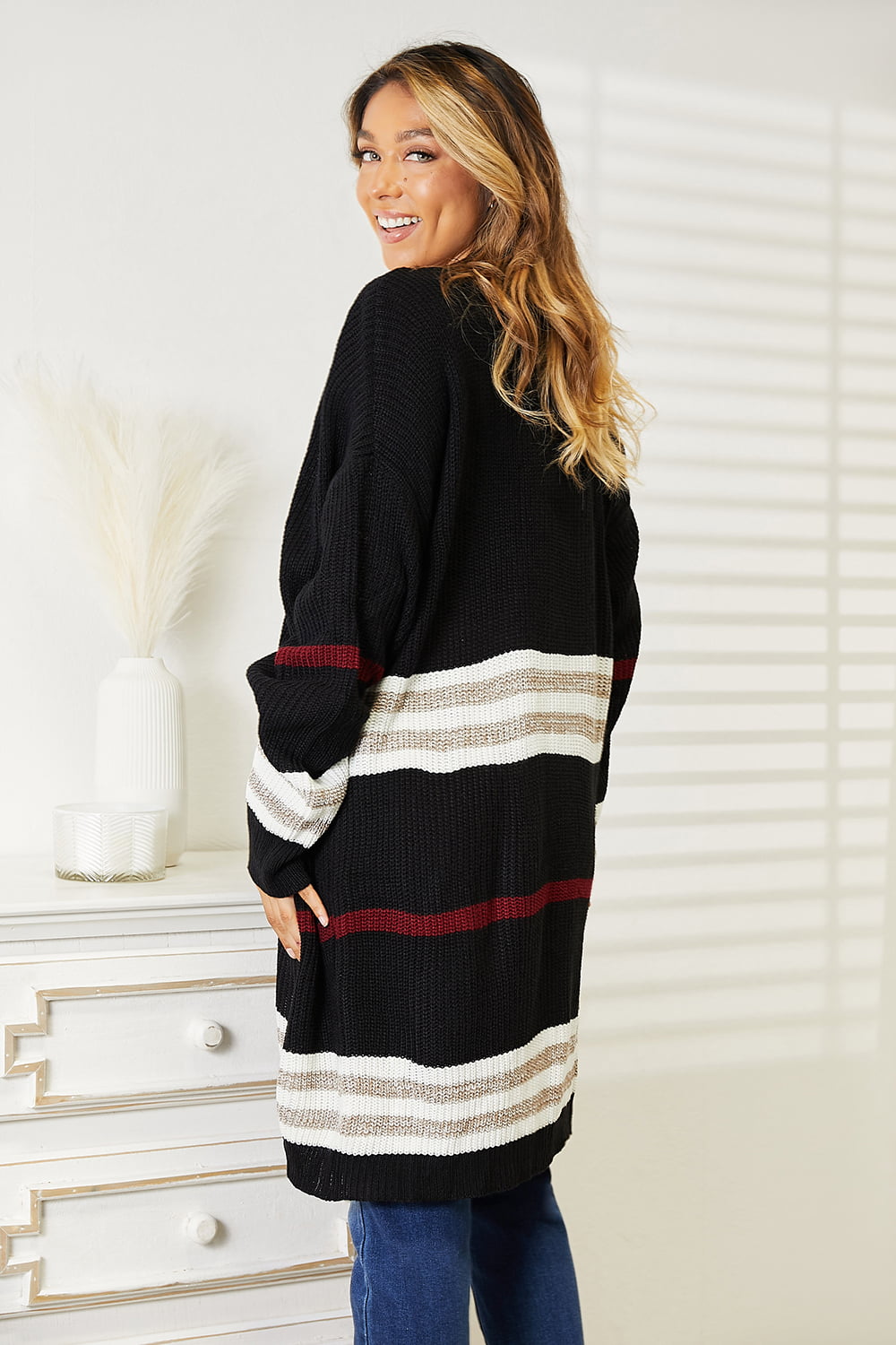 Striped Rib-Knit Drop Shoulder Open Front Cardigan - Body By J'ne