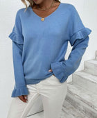 Ruffled V-Neck Dropped Shoulder Sweater - Body By J'ne