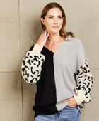 Leopard Color Block V-Neck Tunic Pullover Sweater - Body By J'ne