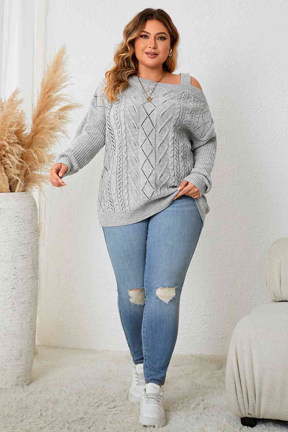 Plus Size Cold Shoulder Asymmetrical Cable-Knit Top - Body By J'ne