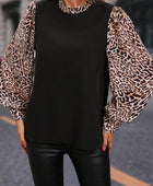 Leopard Mock Neck Lantern Sleeve Blouse - Body By J'ne