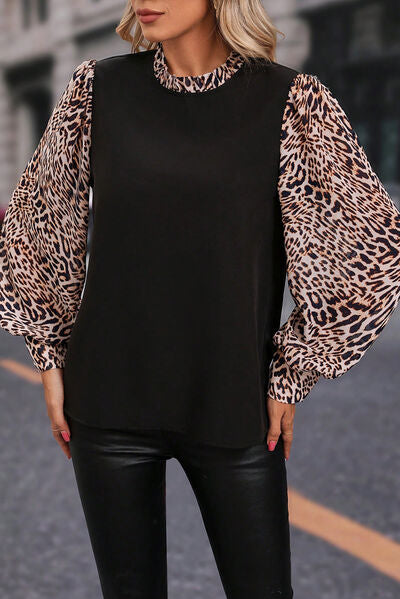 Leopard Mock Neck Lantern Sleeve Blouse - Body By J'ne