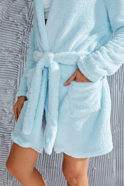 Fuzzy Tied Pocketed Hooded Lounge Nightgown - Body By J'ne