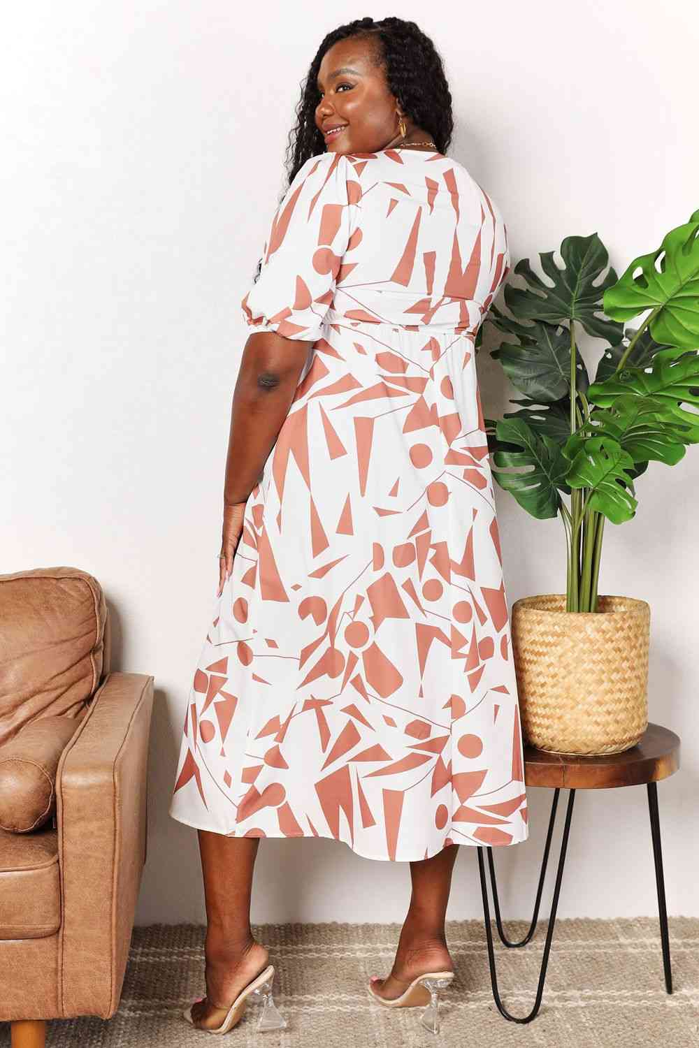 Printed Surplice Balloon Sleeve Dress - Body By J'ne