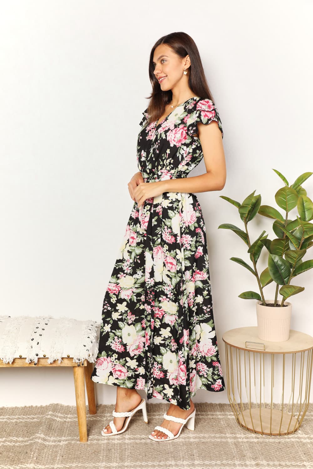 Double Take Floral Flutter Sleeve Tie-Waist Split Dress - Body By J'ne