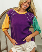Color Block Pearl Detail Round Neck Sweater - Body By J'ne