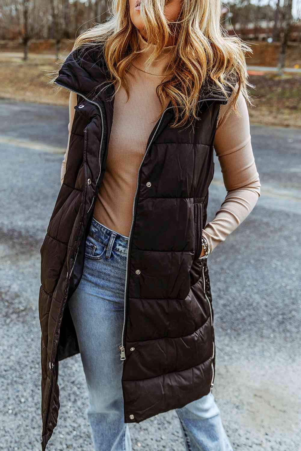 Longline Hooded Sleeveless Puffer Vest - Body By J'ne