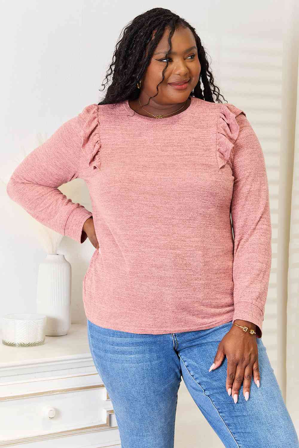 Ruffle Shoulder Long Sleeve T-Shirt - Body By J'ne