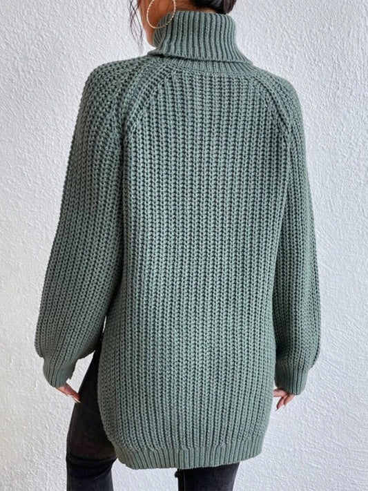 Full Size Turtleneck Rib-Knit Slit Sweater - Body By J'ne