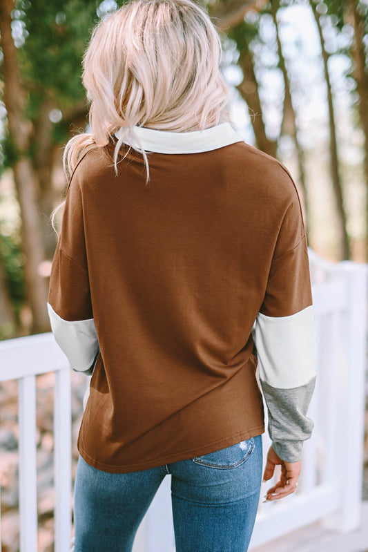 Brown Turn-Down Collar Colorblock Pullover Sweatshirt - Body By J'ne