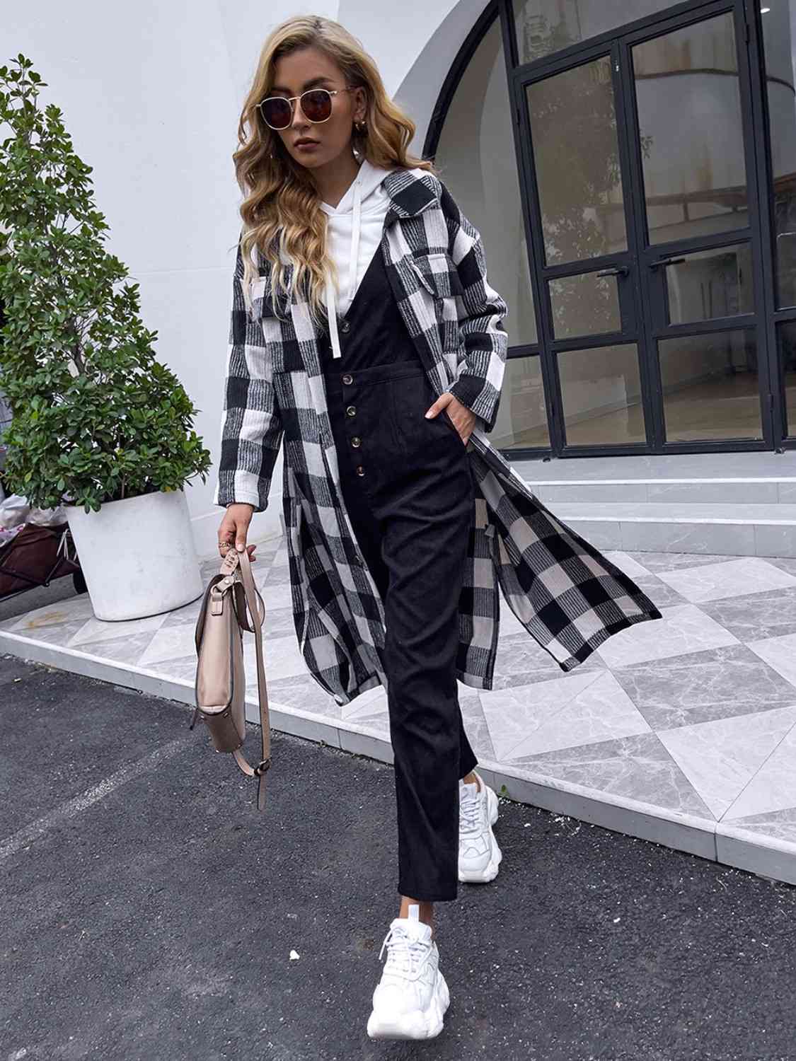 Plaid Collared Neck Slit Longline Coat - Body By J'ne