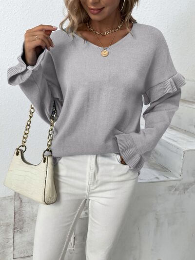 Ruffled V-Neck Dropped Shoulder Sweater - Body By J'ne